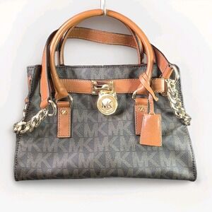 Michael Kors Hamilton Large Satchel Brown Luggage MK Monogram Leather Bag